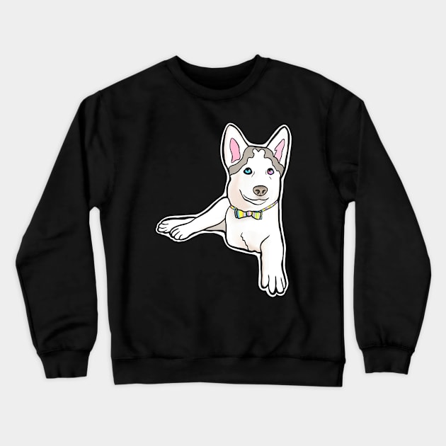 Adorable Three-Legged Tripod Husky Named Mochi with Rainbow Bow Tie Crewneck Sweatshirt by Mochi Merch